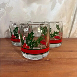 1980's Libby Dbl Old Fashion Bold Green Holly & Red Berries Vintage